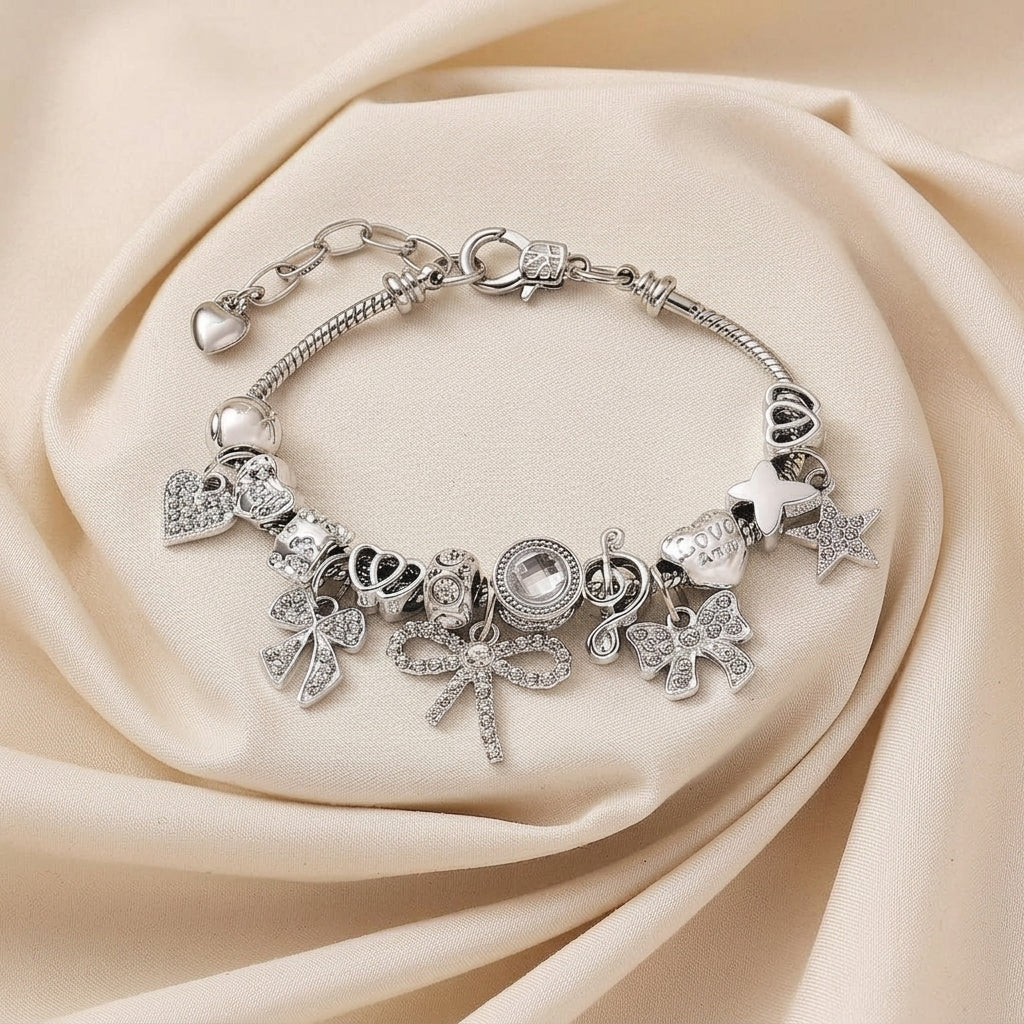 Elegant Bow & Heart Charm Bracelet in silver