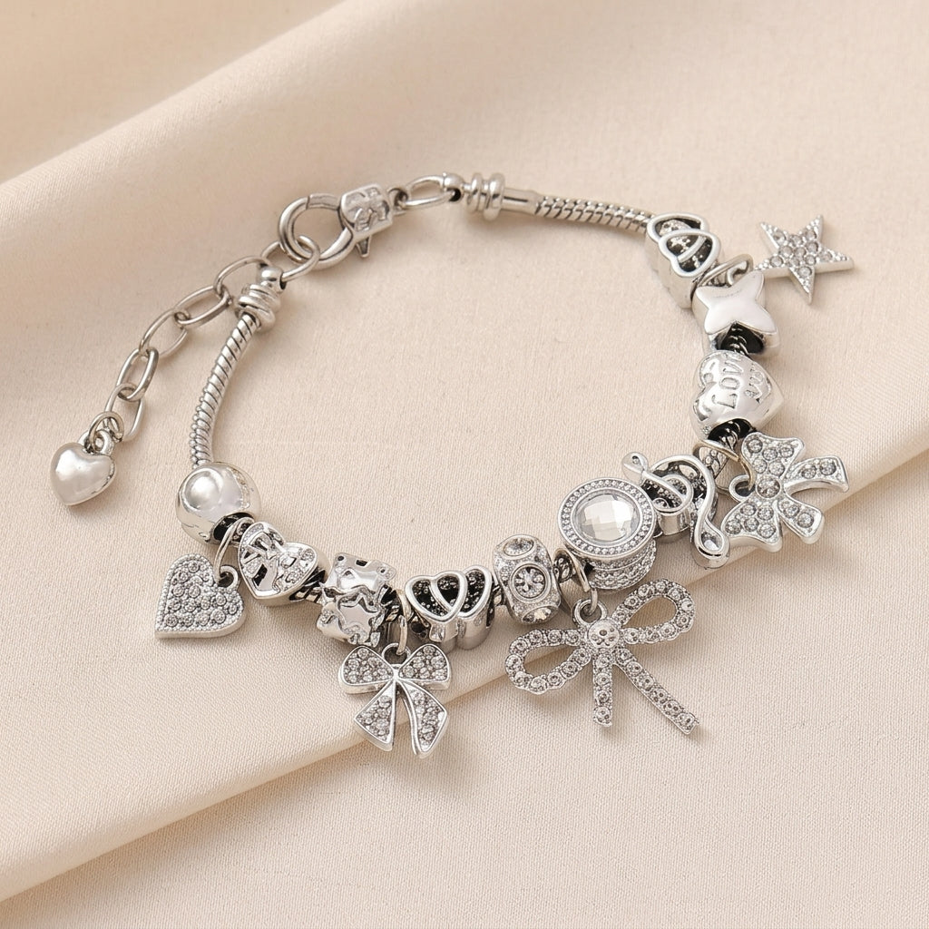 Elegant Bow & Heart Charm Bracelet
