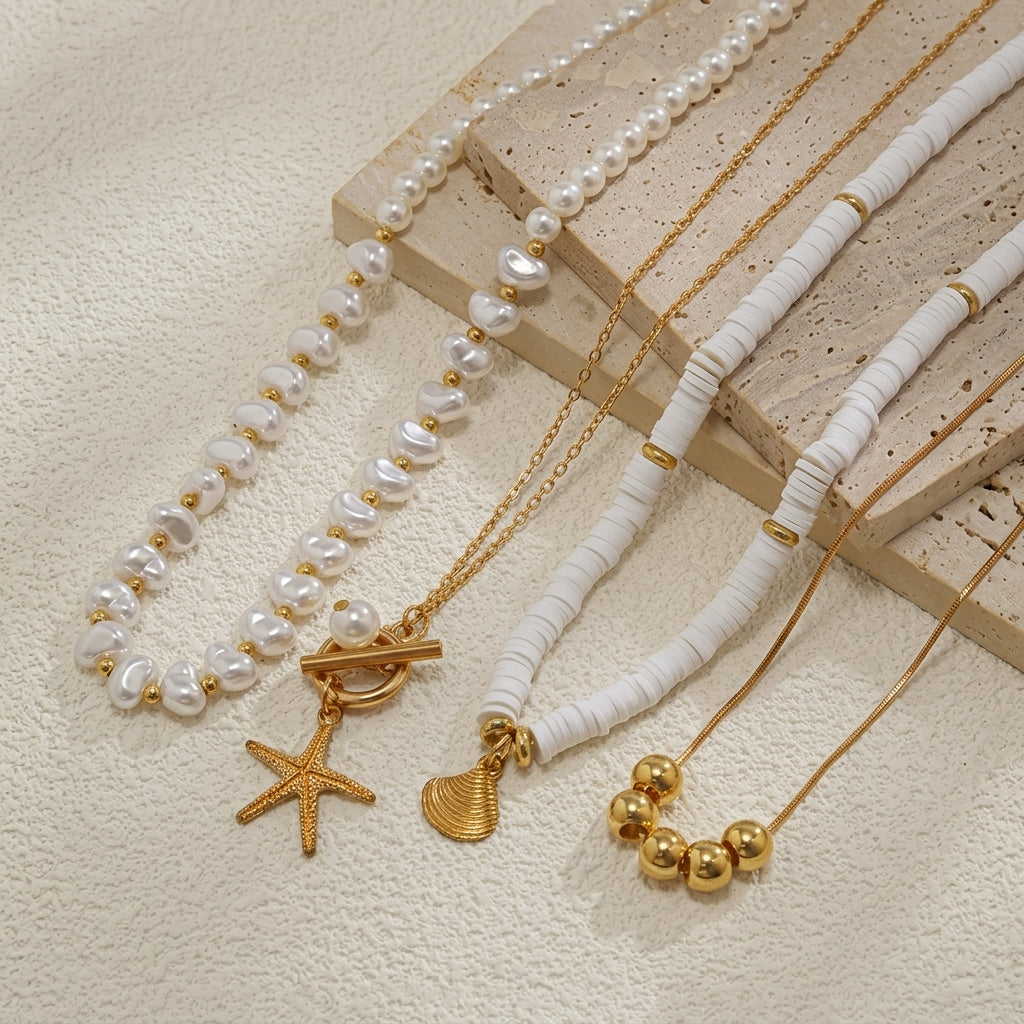 4pc Boho Faux Pearl, Starfish, & Shell Necklace
