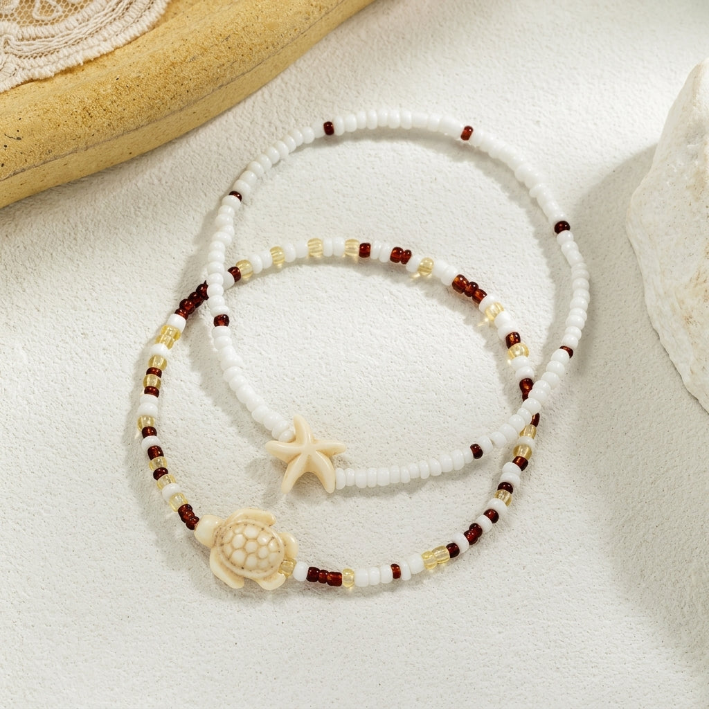 Dainty Boho Sea Star & Turtle Anklet Stack