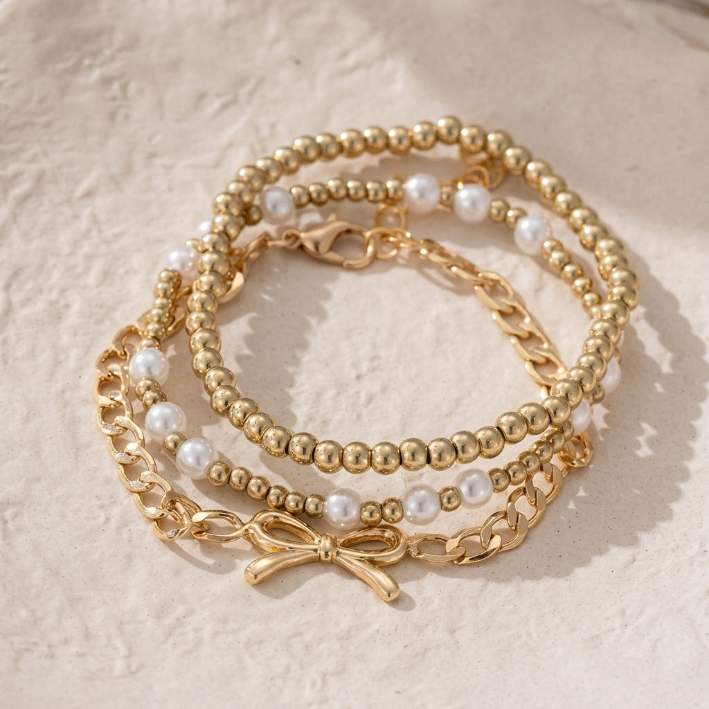 3pc Beaded Pearl & Cuban Bow Bracelet Stack