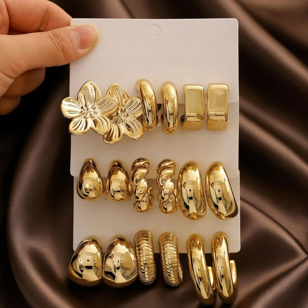 9 Pair Gold Variety Earrings Set