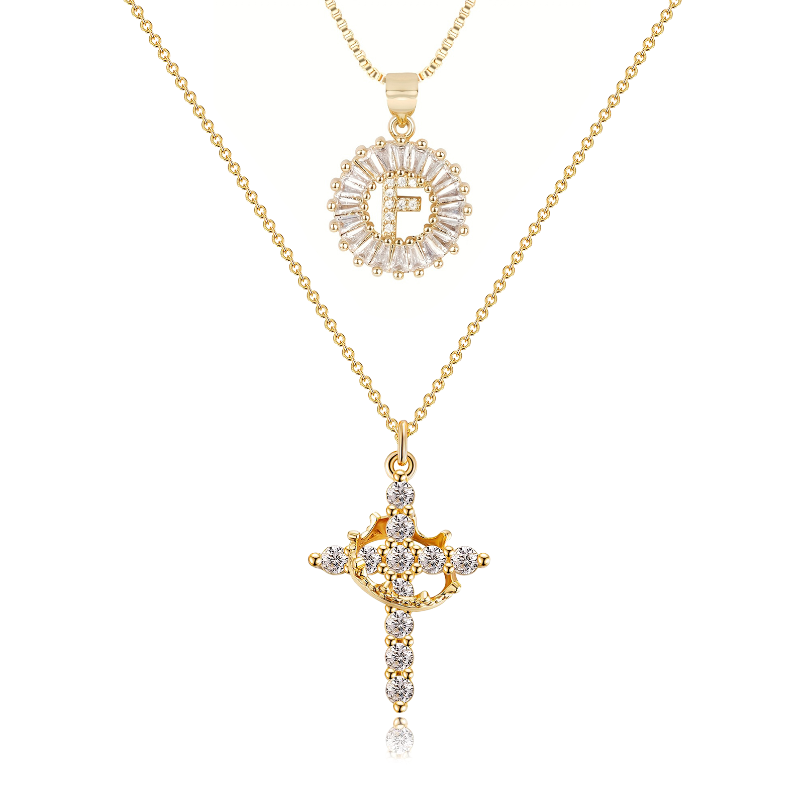 2pc 14k diamond cross crown initial necklace set