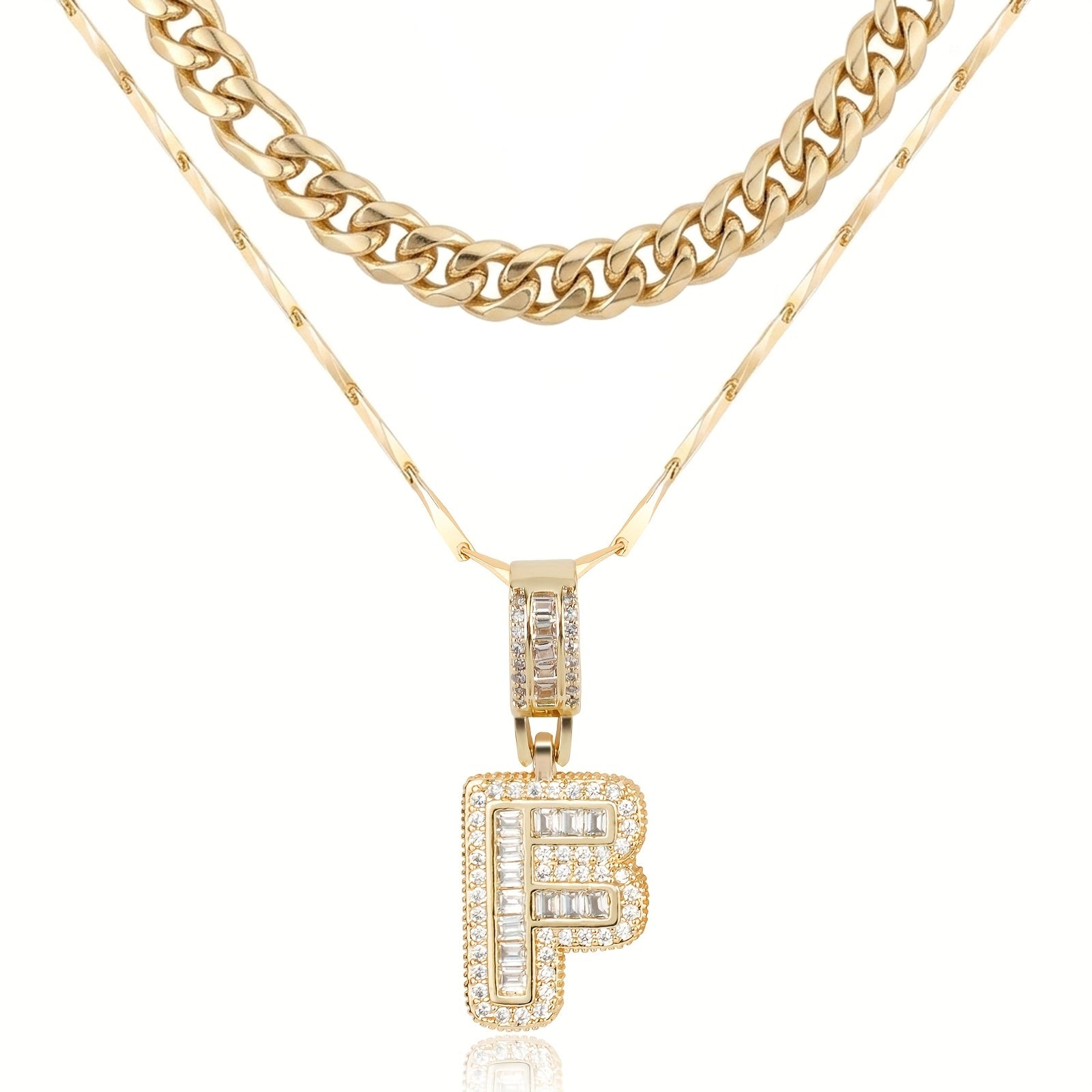 2pc 14k Layered Cuban & Initial Necklaces in gold