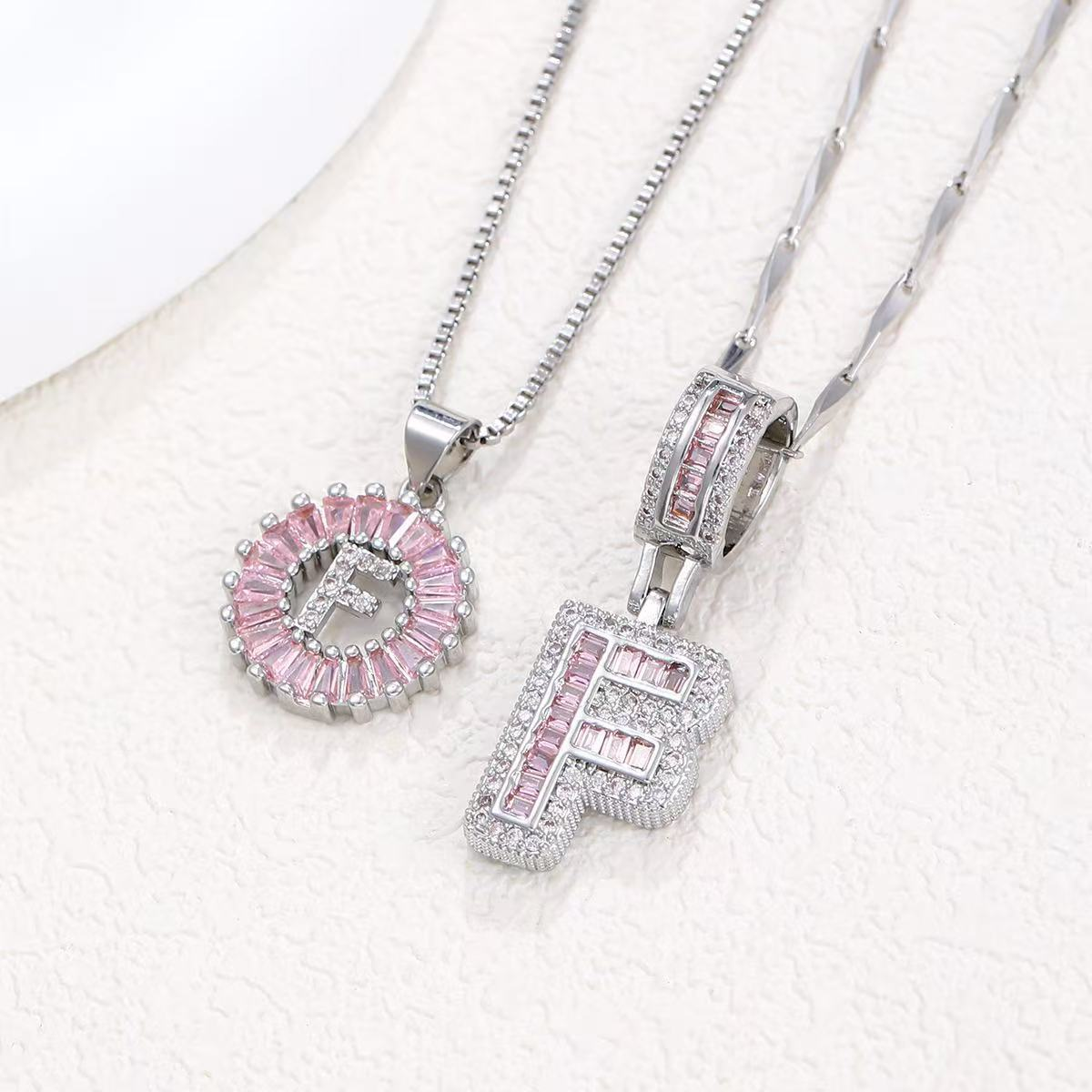 2pc 14k Diamond Letter Initial Necklaces (Limited Pink Edition) in silver