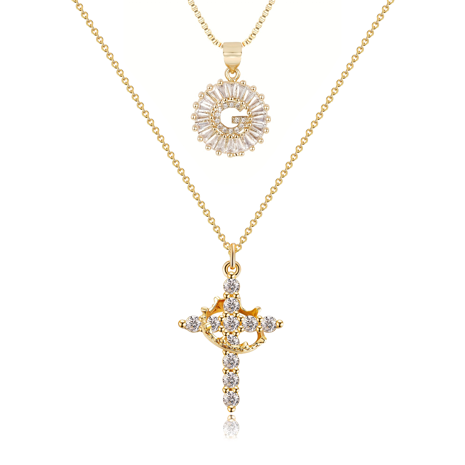 2pc 14k diamond cross crown initial necklace set