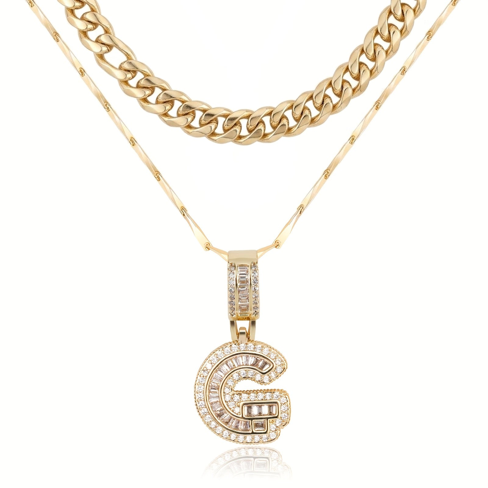 2pc 14k Layered Cuban & Initial Necklaces in gold