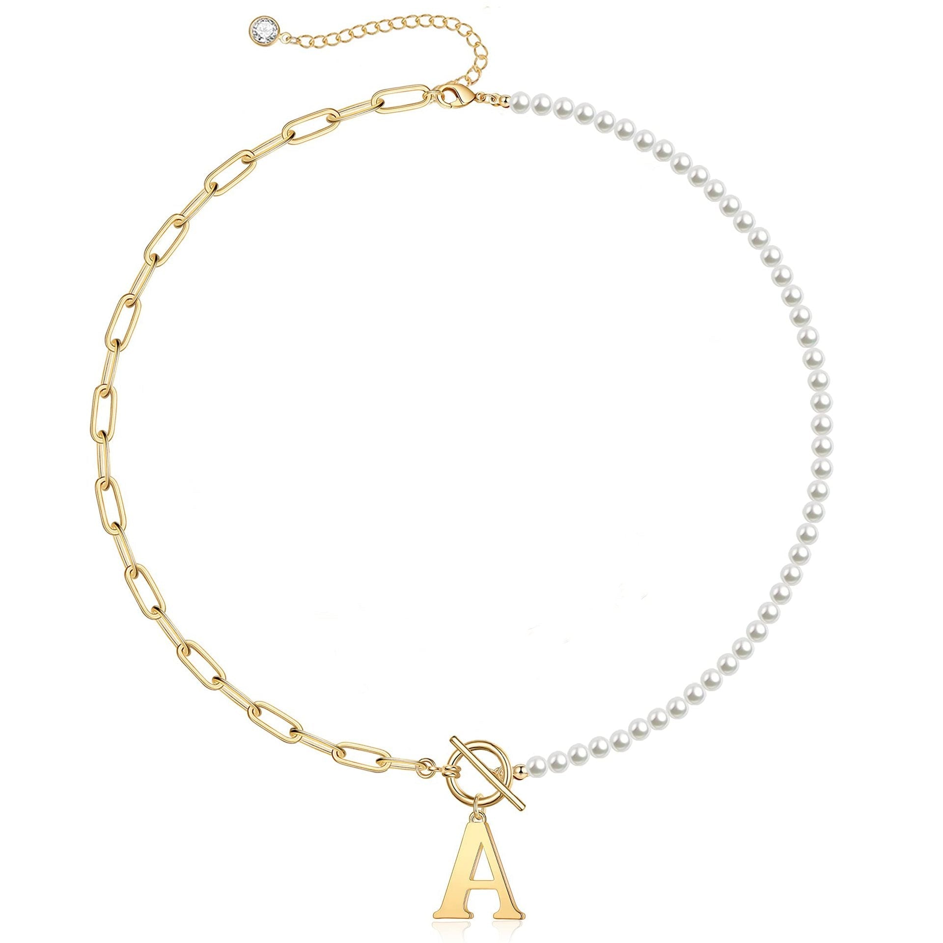 Pearl & Paperclip Chain Letter Initial Necklace in gold