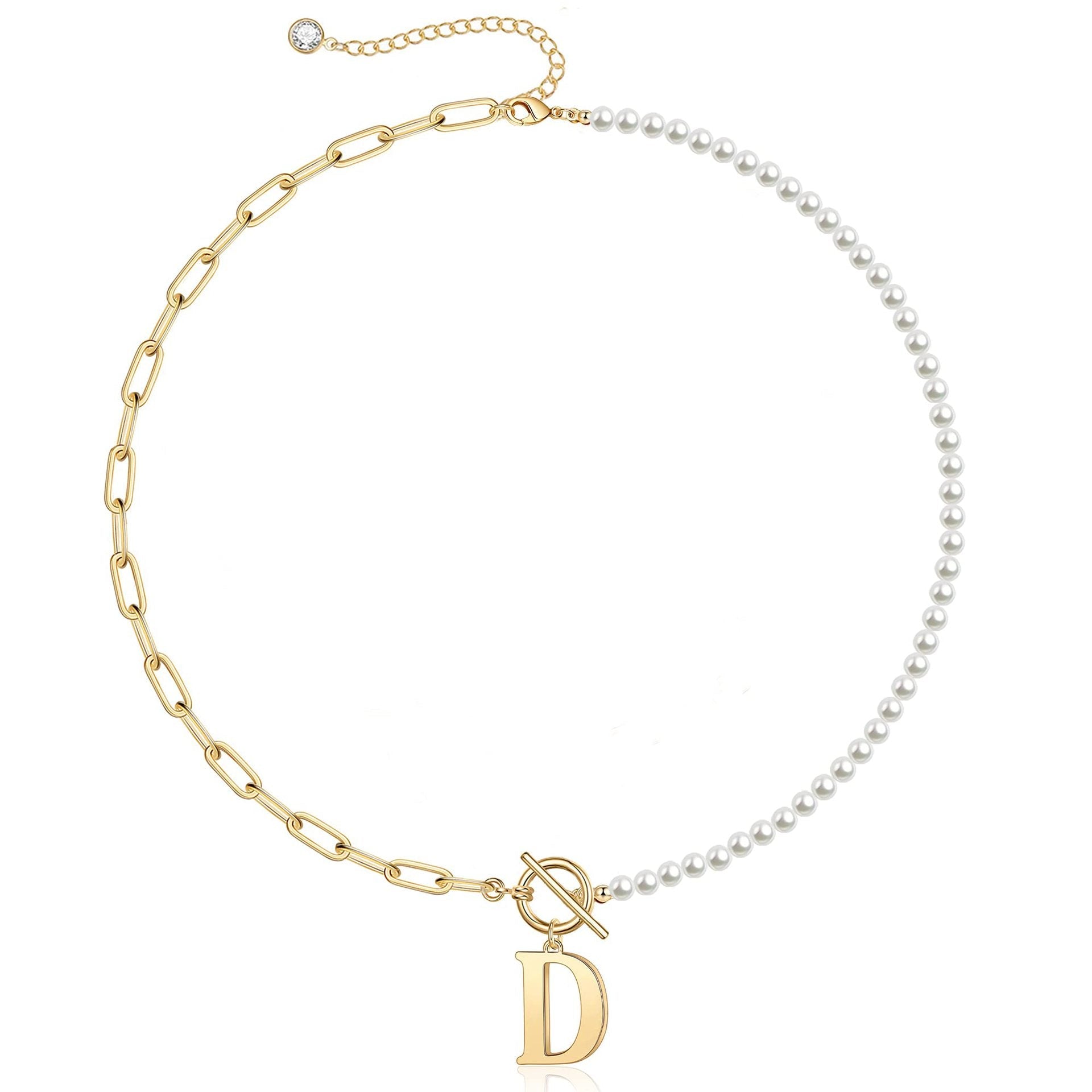 Pearl & Paperclip Chain Letter Initial Necklace in gold