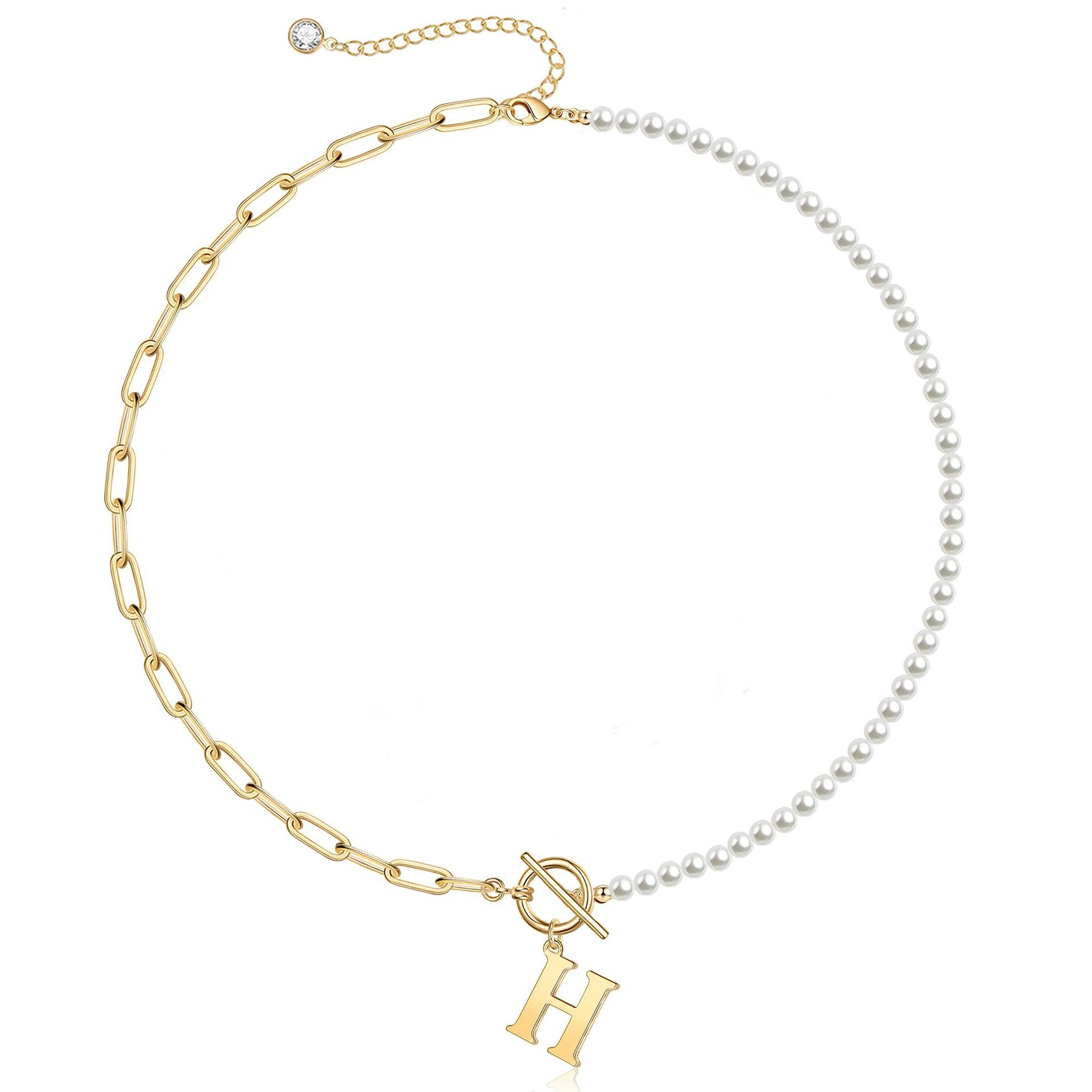 Pearl & Paperclip Chain Letter Initial Necklace in gold