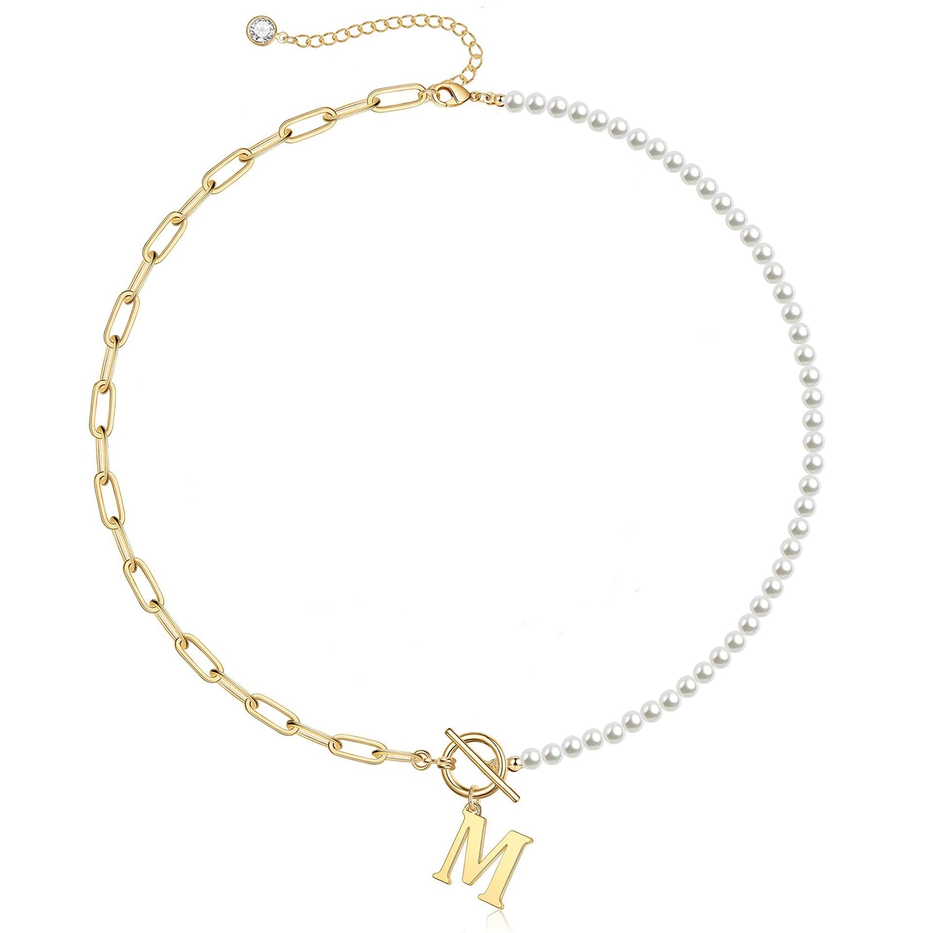 Pearl & Paperclip Chain Letter Initial Necklace in gold