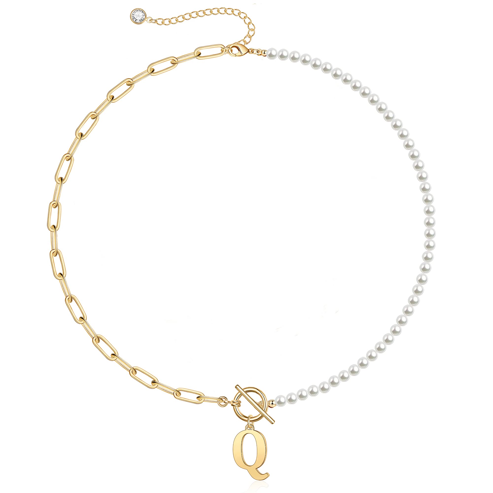 Pearl & Paperclip Chain Letter Initial Necklace in gold