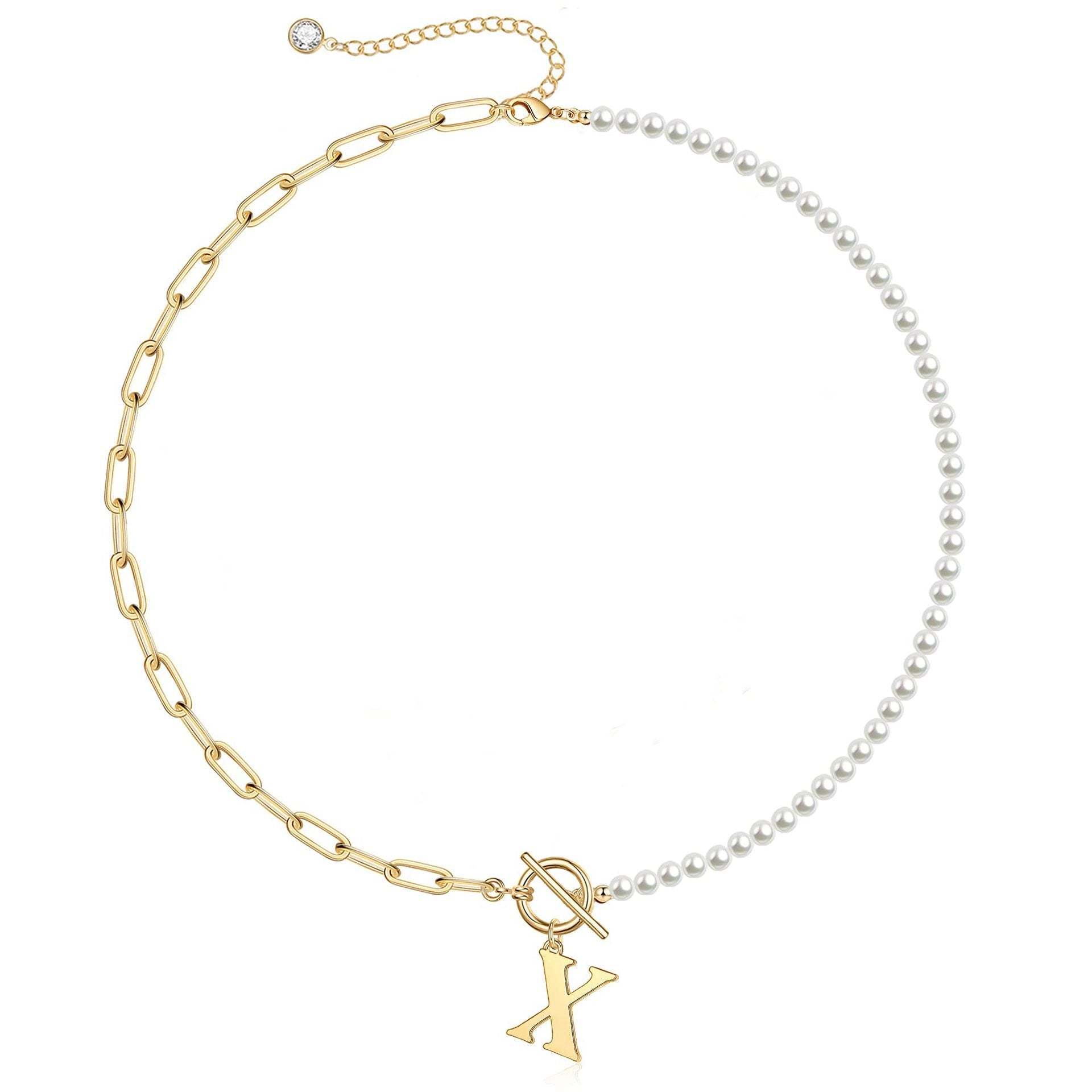 Pearl & Paperclip Chain Letter Initial Necklace in gold