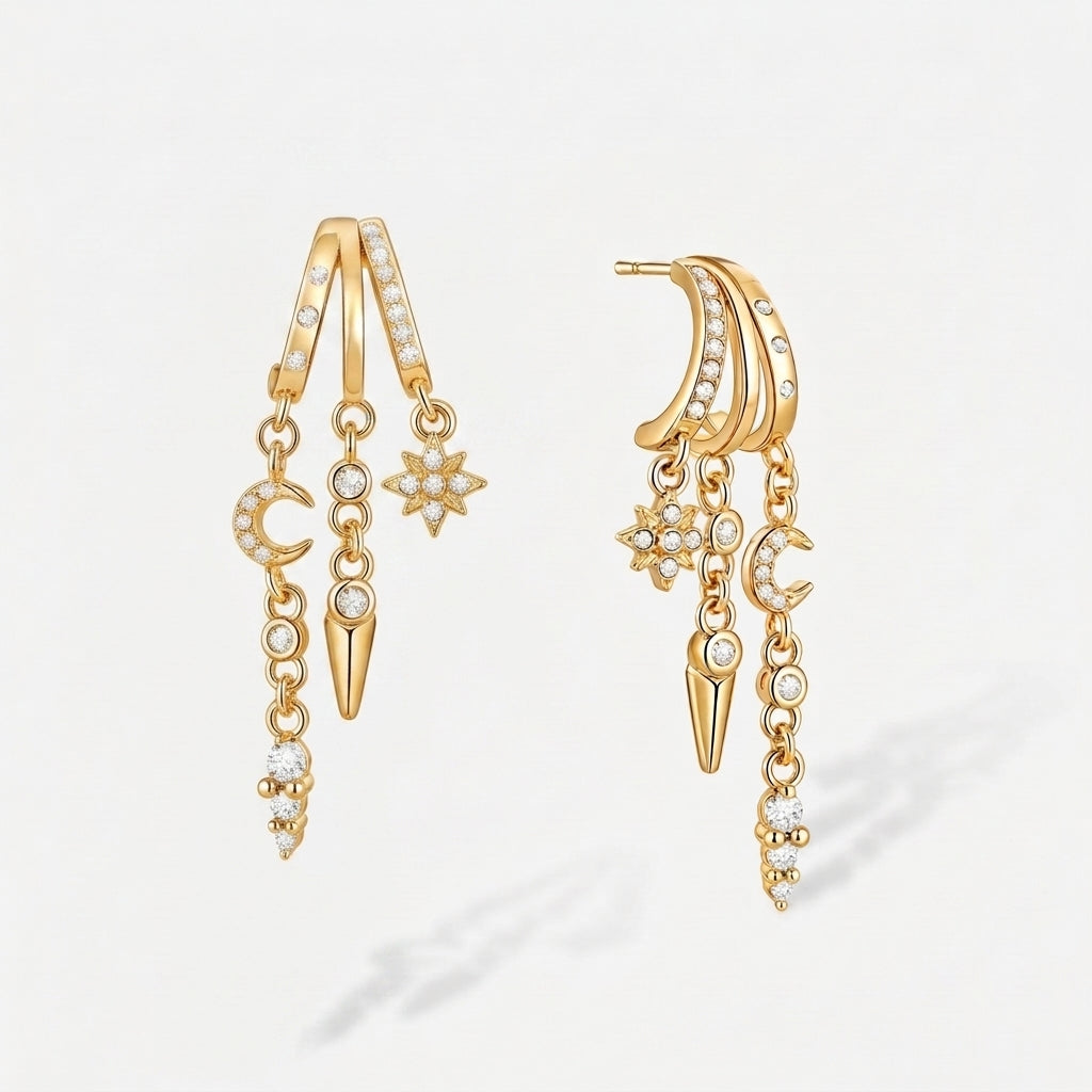 14k Trio Crescent Star and Moon Earrings in gold