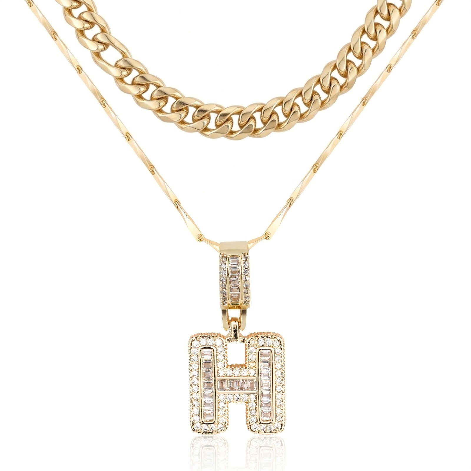 2pc 14k Layered Cuban & Initial Necklaces in gold