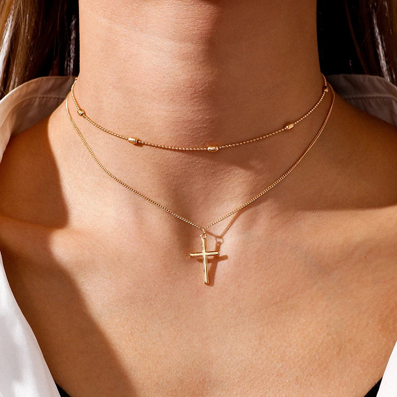 Dainty Layered Choker and Cross Necklace in gold