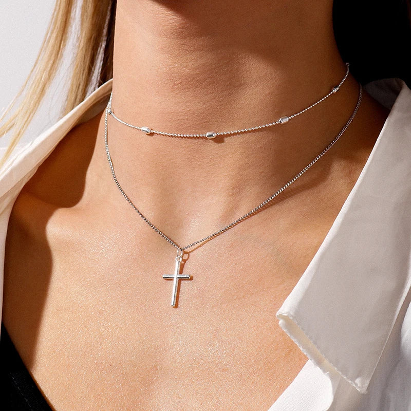 Dainty Layered Choker and Cross Necklace in silver