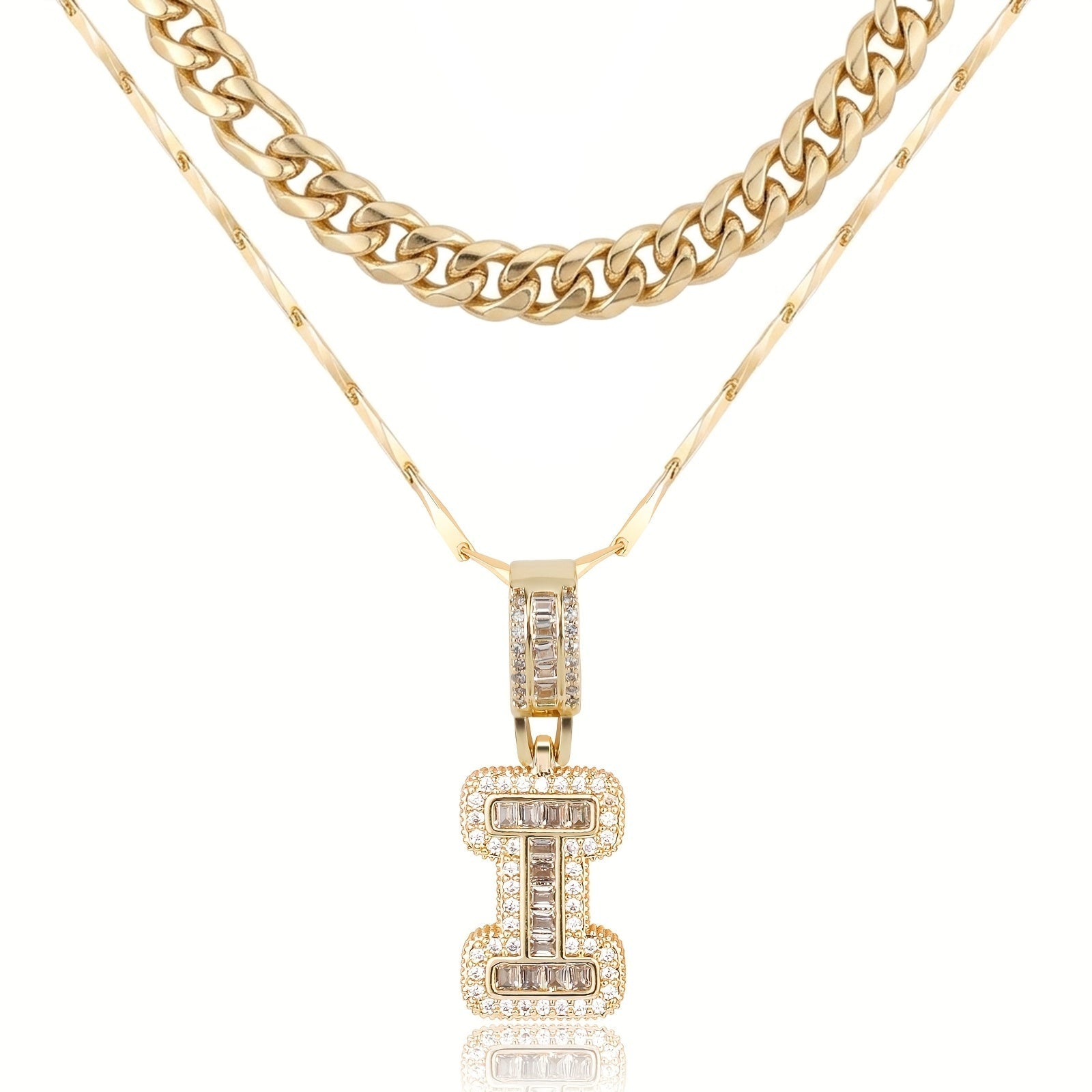 2pc 14k Layered Cuban & Initial Necklaces in gold