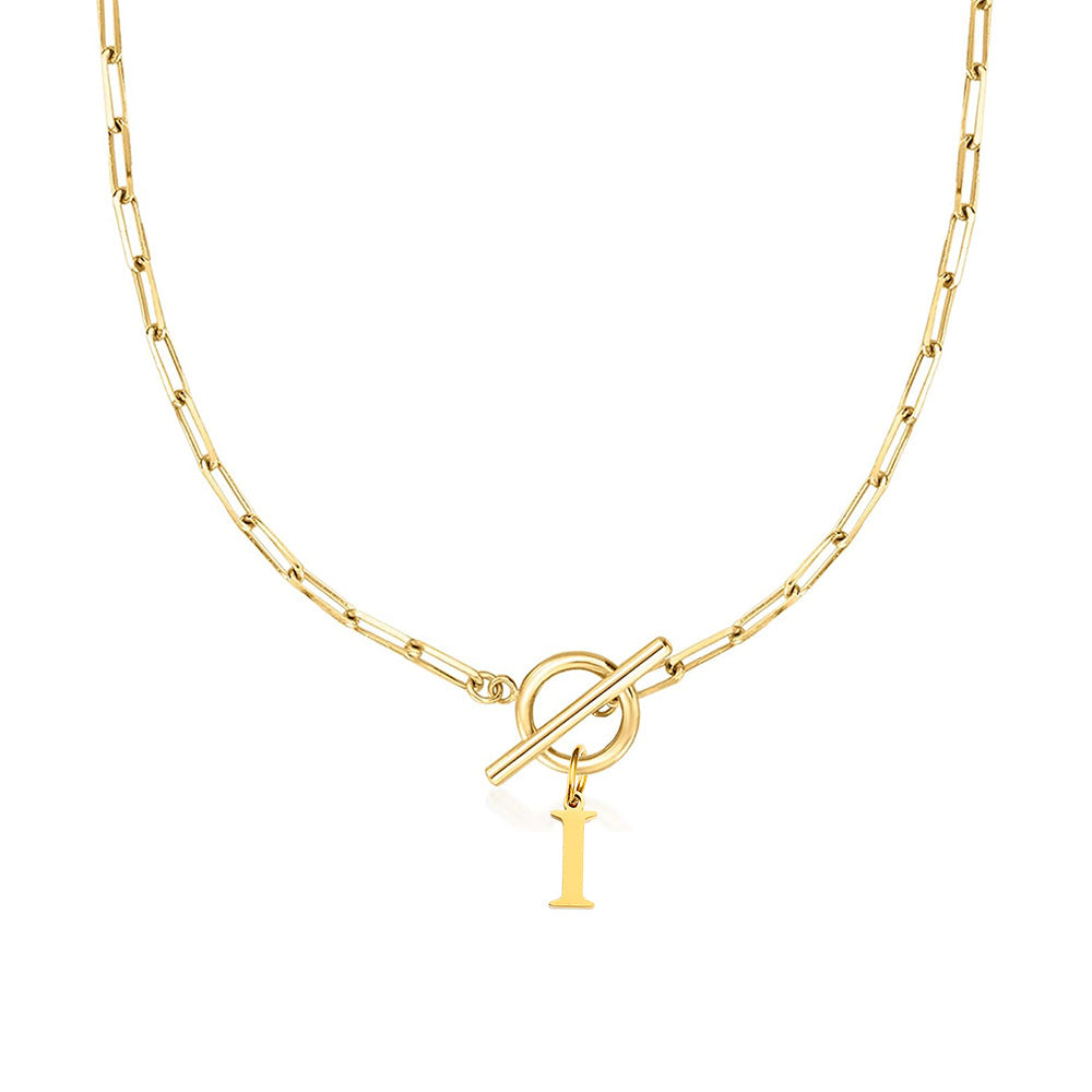 Paperclip Letter Initial Circle Lock Clasp Necklace in gold