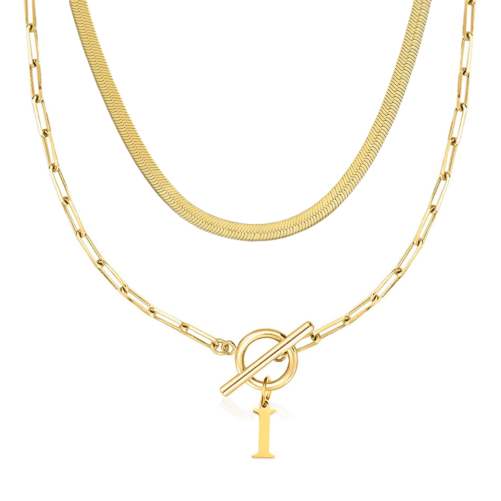2pc Paperclip Initial Toggle Clasp & Herringbone Necklace Set in gold