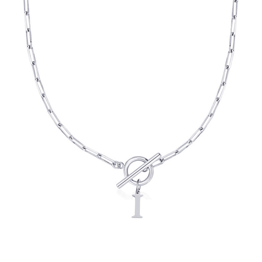 Paperclip Letter Initial Circle Lock Clasp Necklace in silver