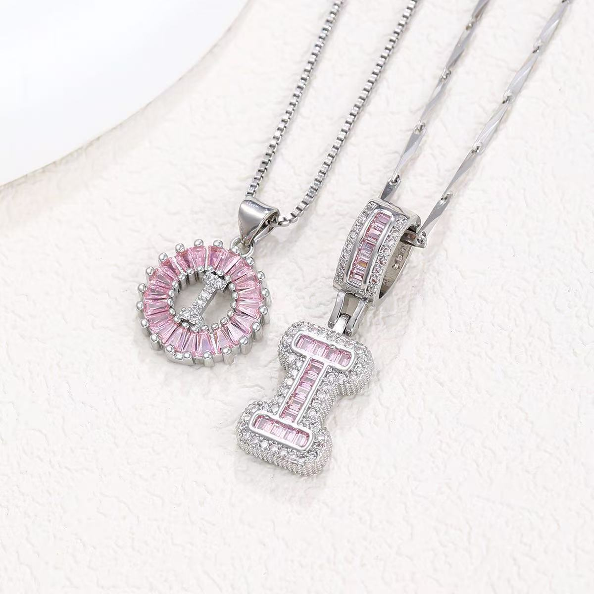 2pc 14k Diamond Letter Initial Necklaces (Limited Pink Edition) in silver
