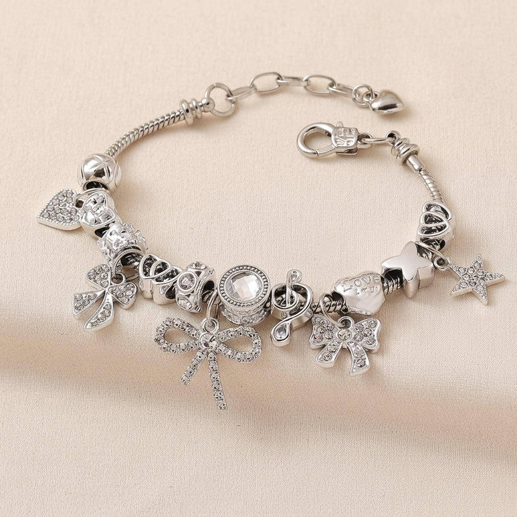 Elegant Bow & Heart Charm Bracelet