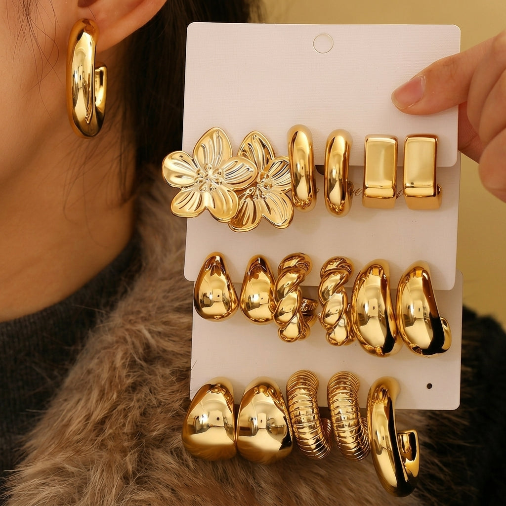 9 Pair Gold Variety Earrings Set