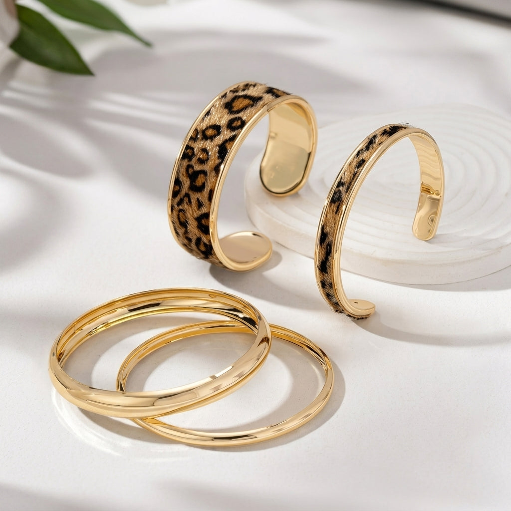 4pc Gold & Leopard Accented Bangle Stack