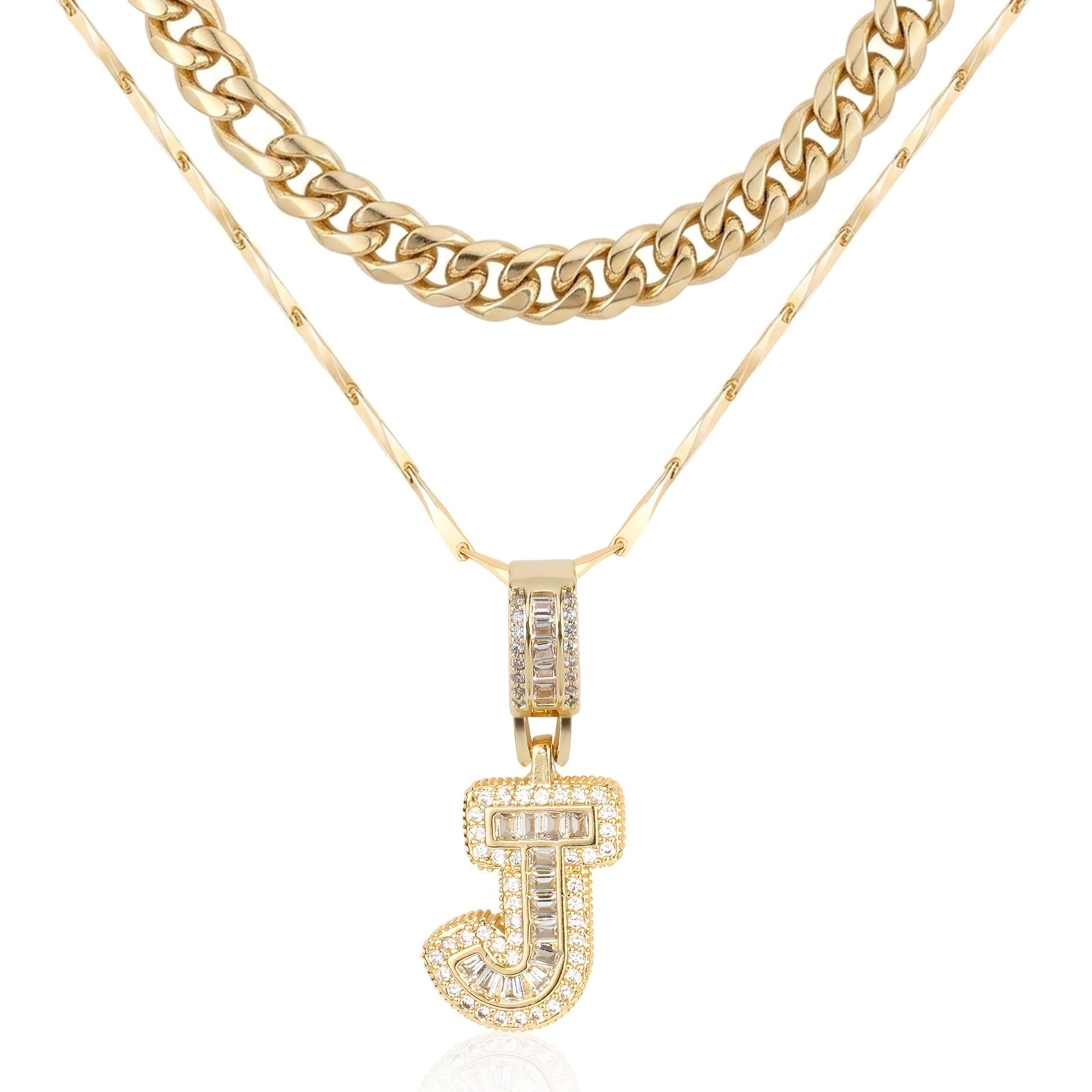 2pc 14k Layered Cuban & Initial Necklaces in gold