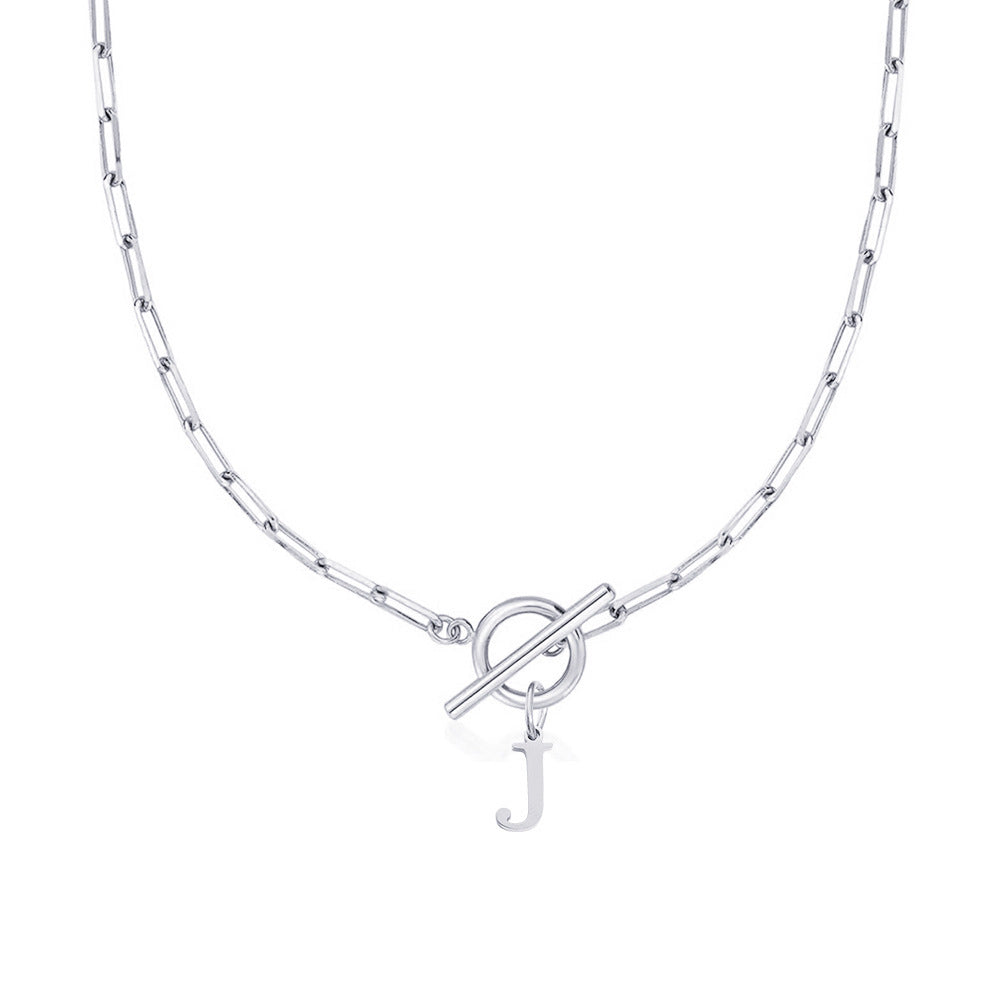 Paperclip Letter Initial Circle Lock Clasp Necklace in silver