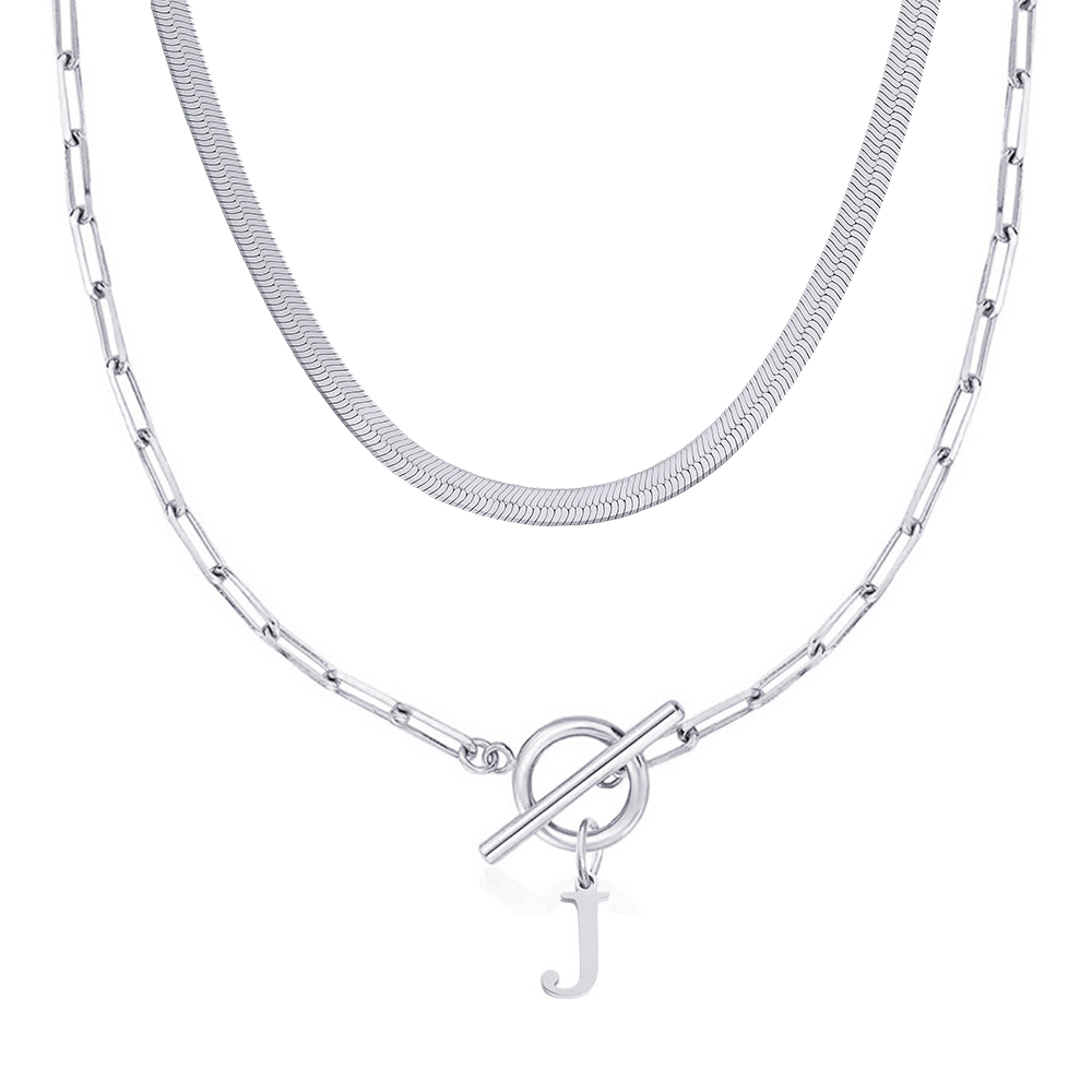 2pc paperclip initial toggle clasp herringbone necklace set