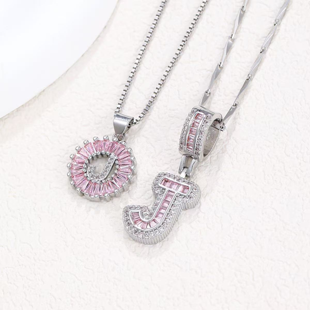2pc 14k Diamond Letter Initial Necklaces (Limited Pink Edition) in silver