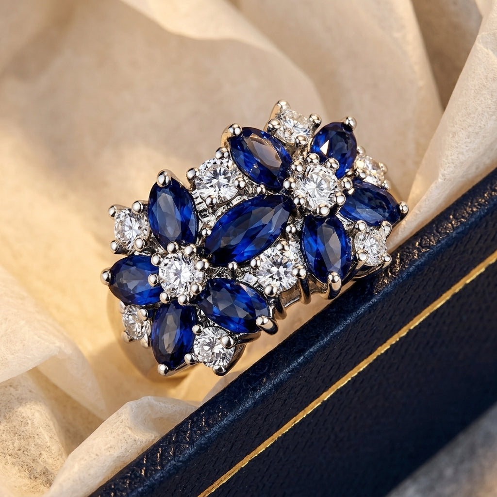 Diamond Accented Blue Floral Ring