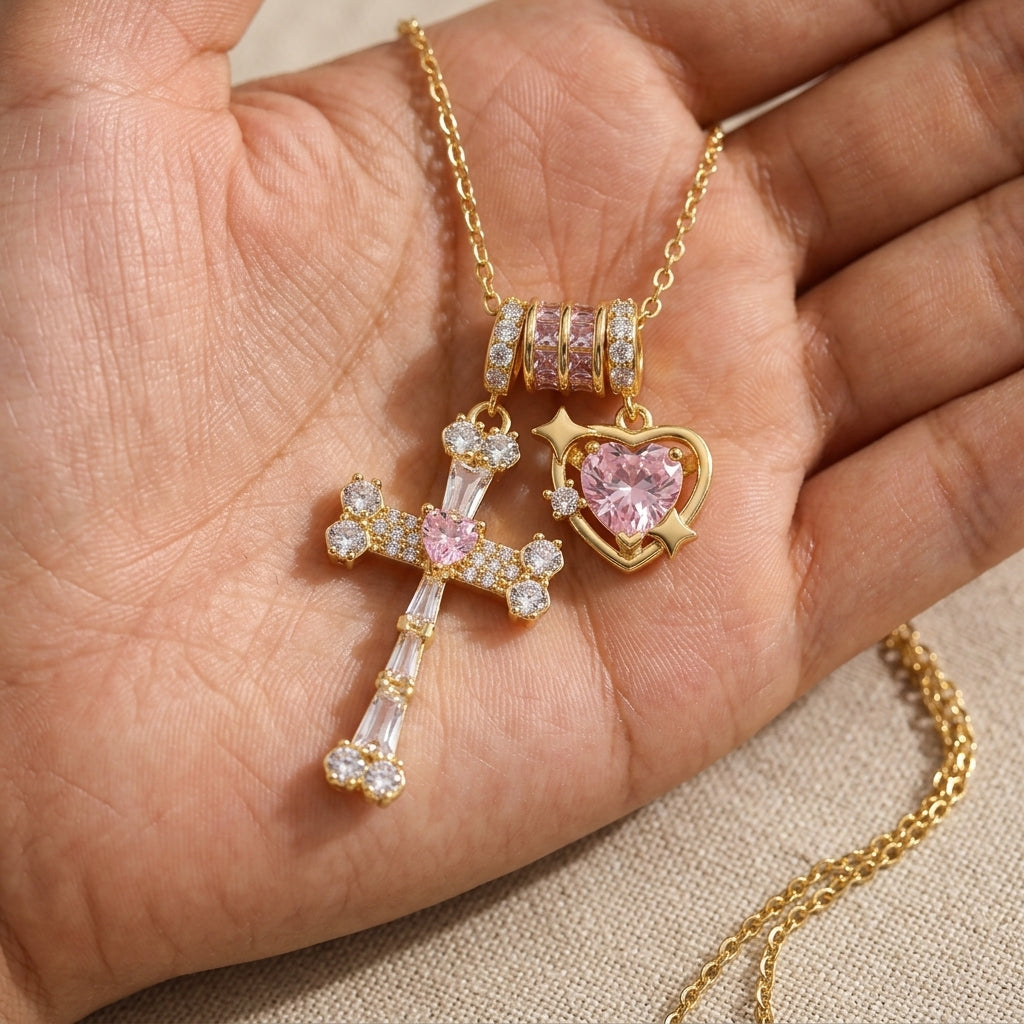 18k CZ Accented Cross & Heart Necklace