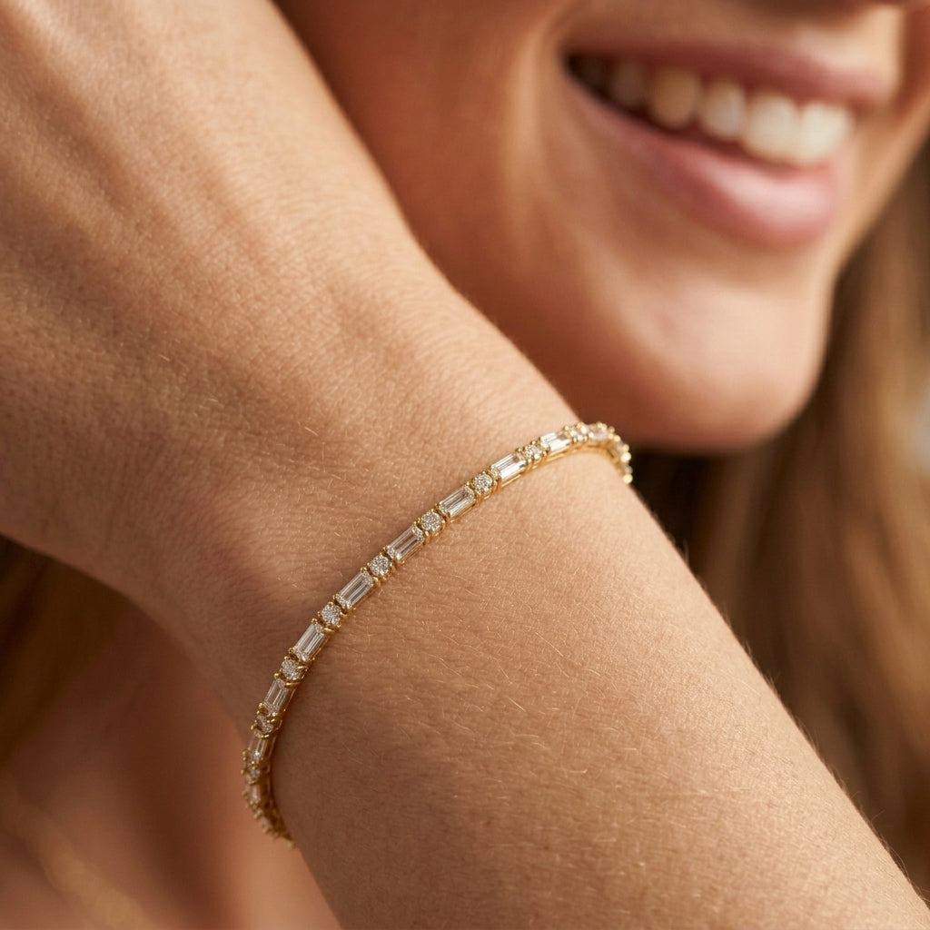 14k Dainty Baguette and Round Tennis Necklace