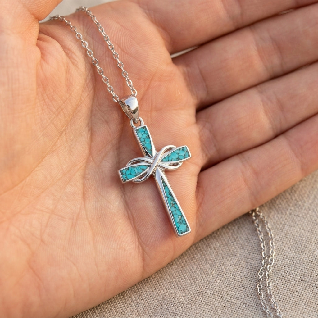 Turquoise Accented Infinity Cross Faith Necklace