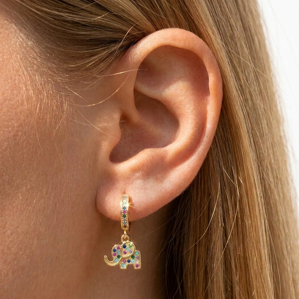 Dainty Colorful Diamond Elephant Outline Earrings