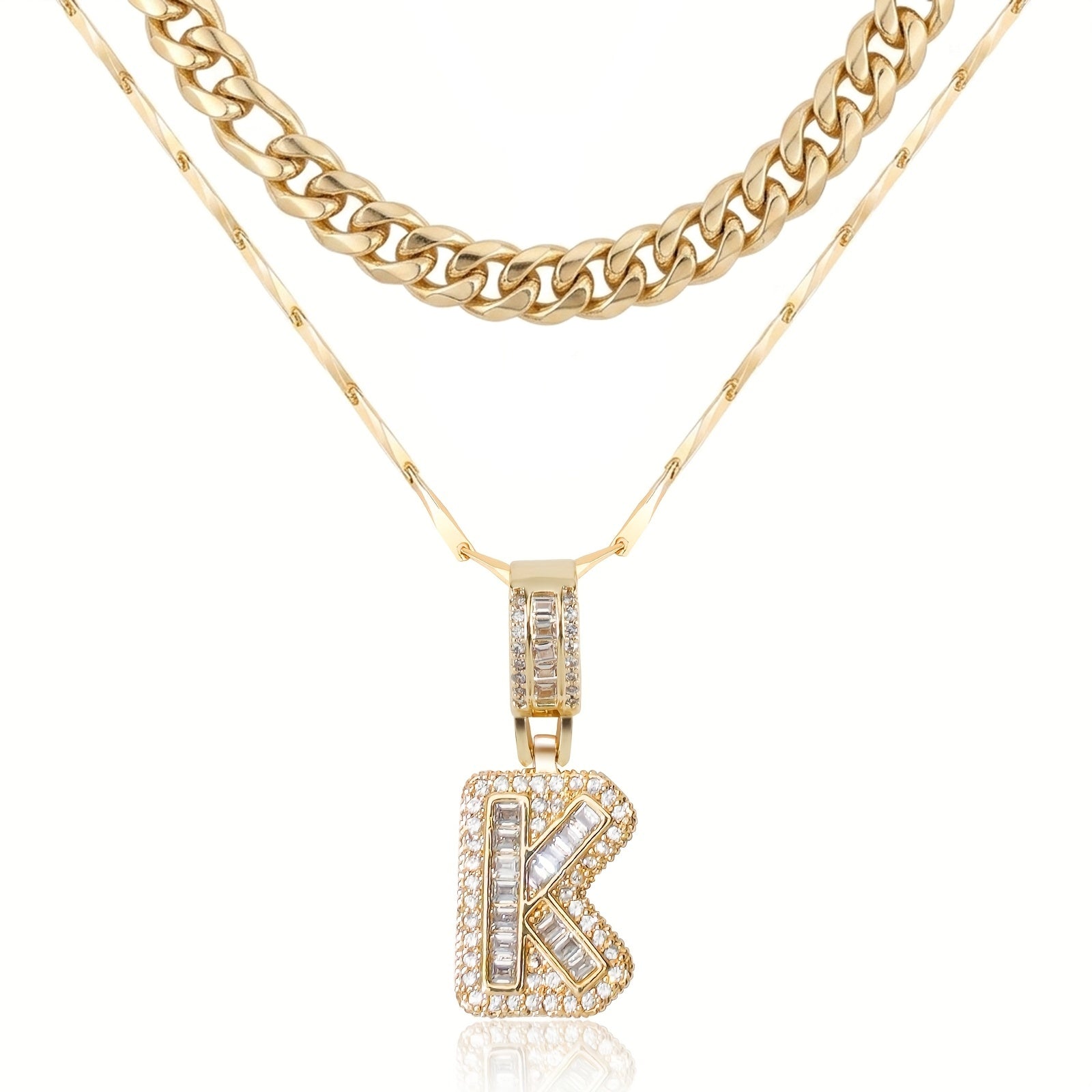 2pc 14k Layered Cuban & Initial Necklaces in gold