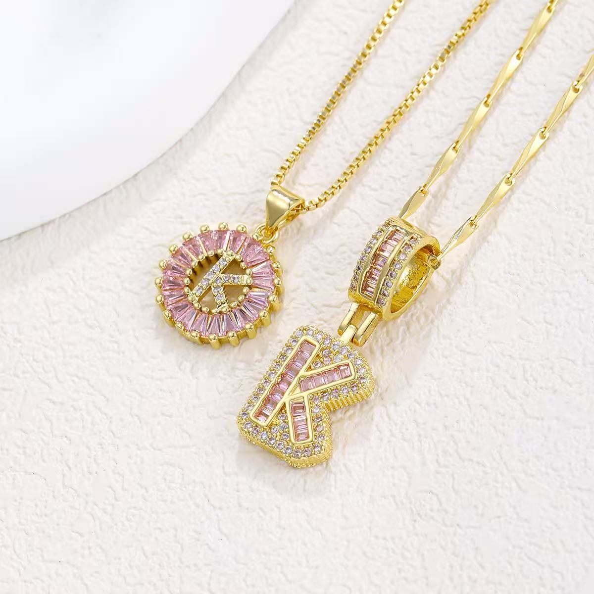 2pc 14k Diamond Letter Initial Necklaces (Limited Pink Edition) in gold