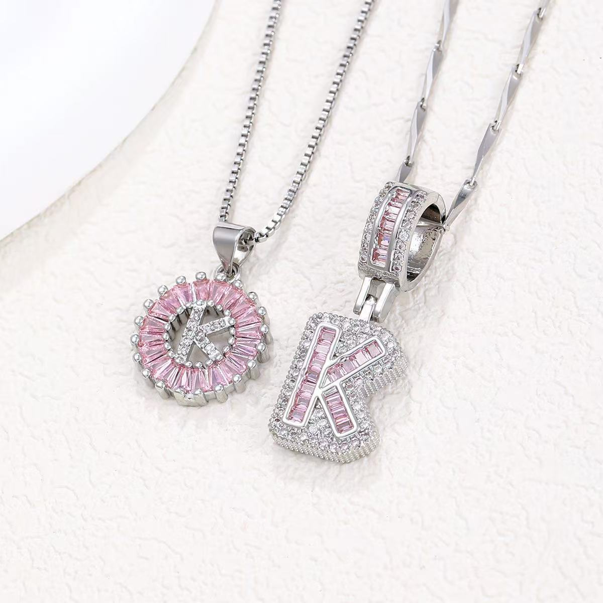 2pc 14k Diamond Letter Initial Necklaces (Limited Pink Edition) in silver