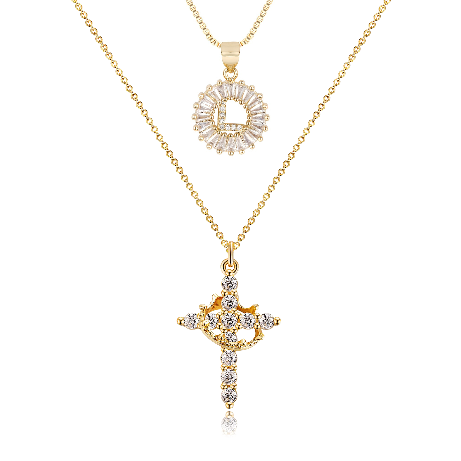 2pc 14k diamond cross crown initial necklace set