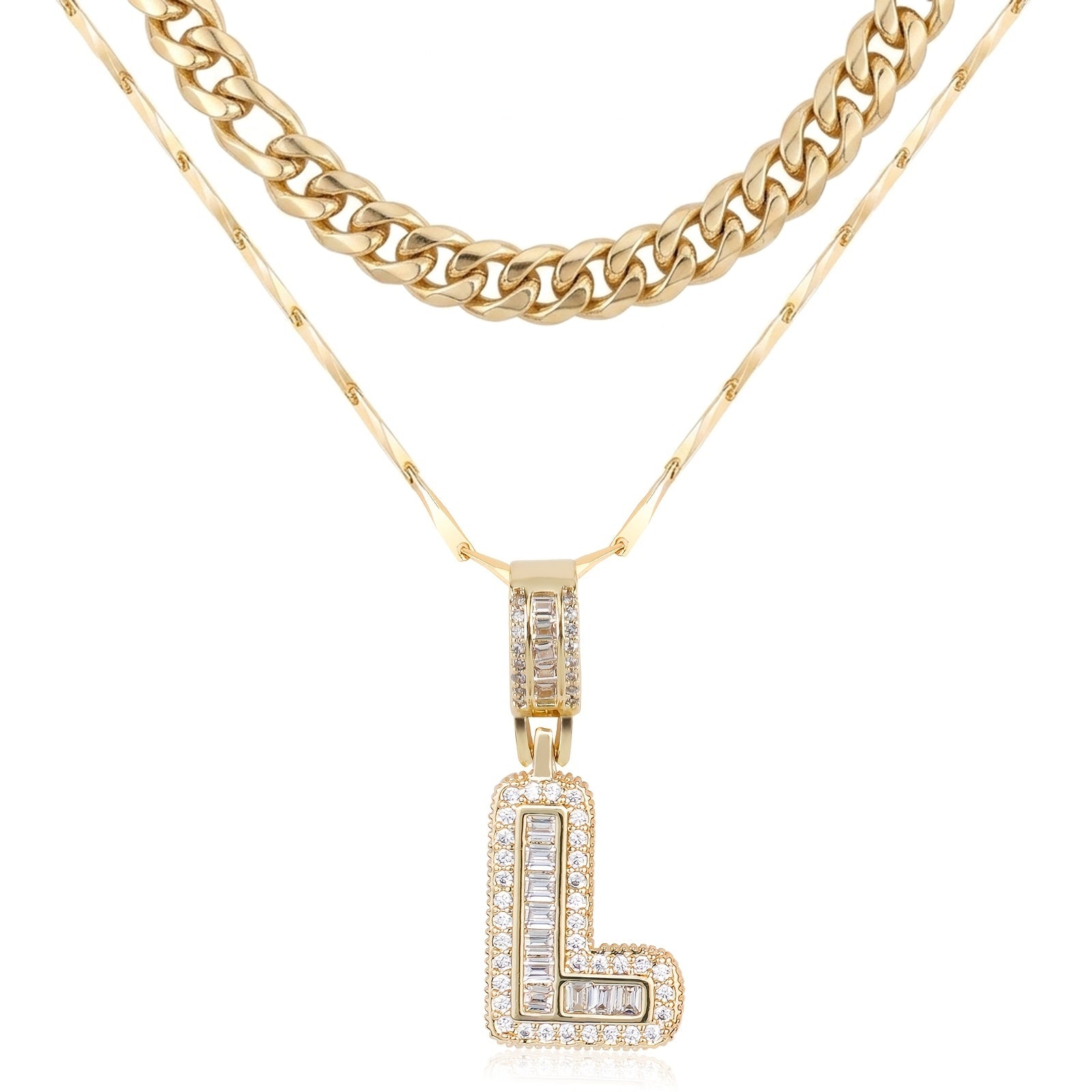 2pc 14k Layered Cuban & Initial Necklaces in gold