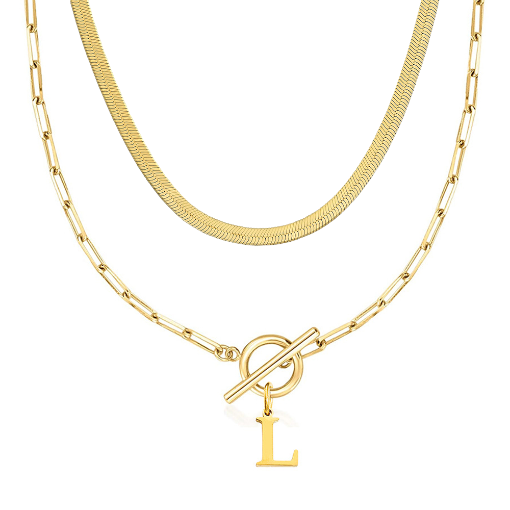 2pc Paperclip Initial Toggle Clasp & Herringbone Necklace Set in gold