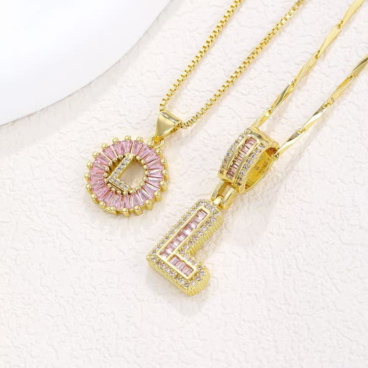 2pc 14k Diamond Letter Initial Necklaces (Limited Pink Edition) in gold