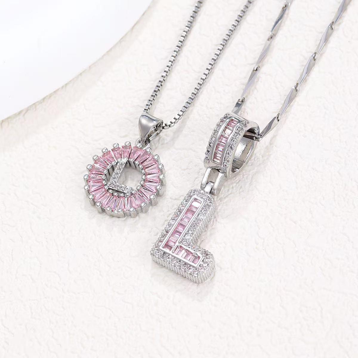 2pc 14k Diamond Letter Initial Necklaces (Limited Pink Edition) in silver
