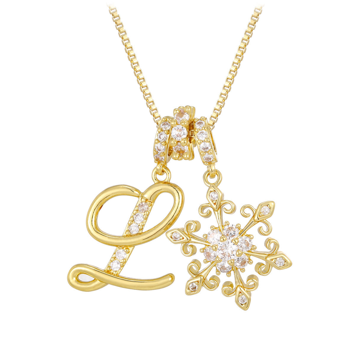 14k elegant initial snowflake necklace