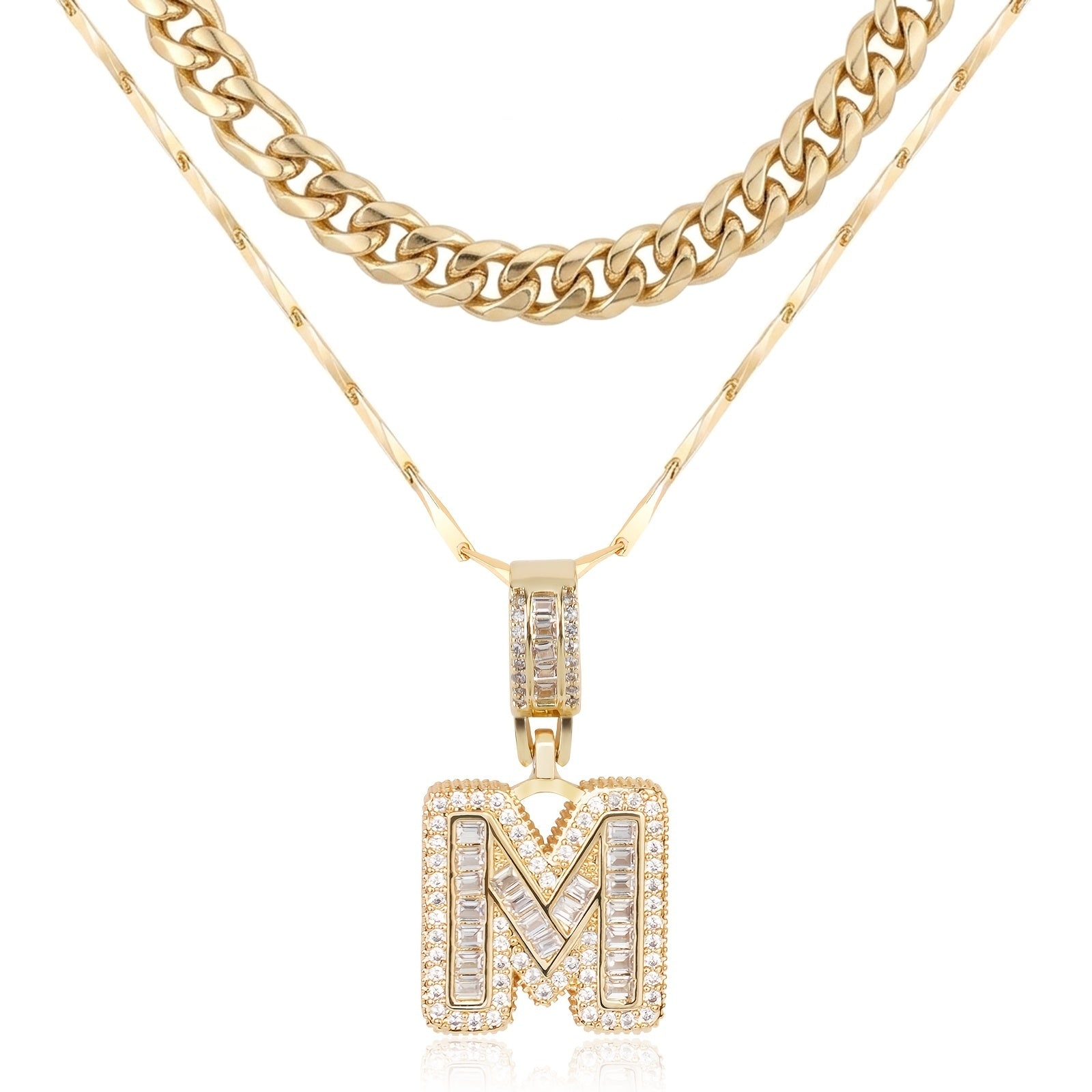2pc 14k Layered Cuban & Initial Necklaces in gold