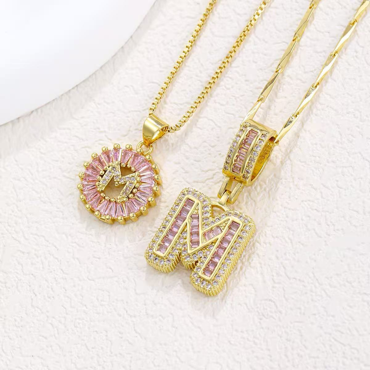 2pc 14k Diamond Letter Initial Necklaces (Limited Pink Edition) in gold