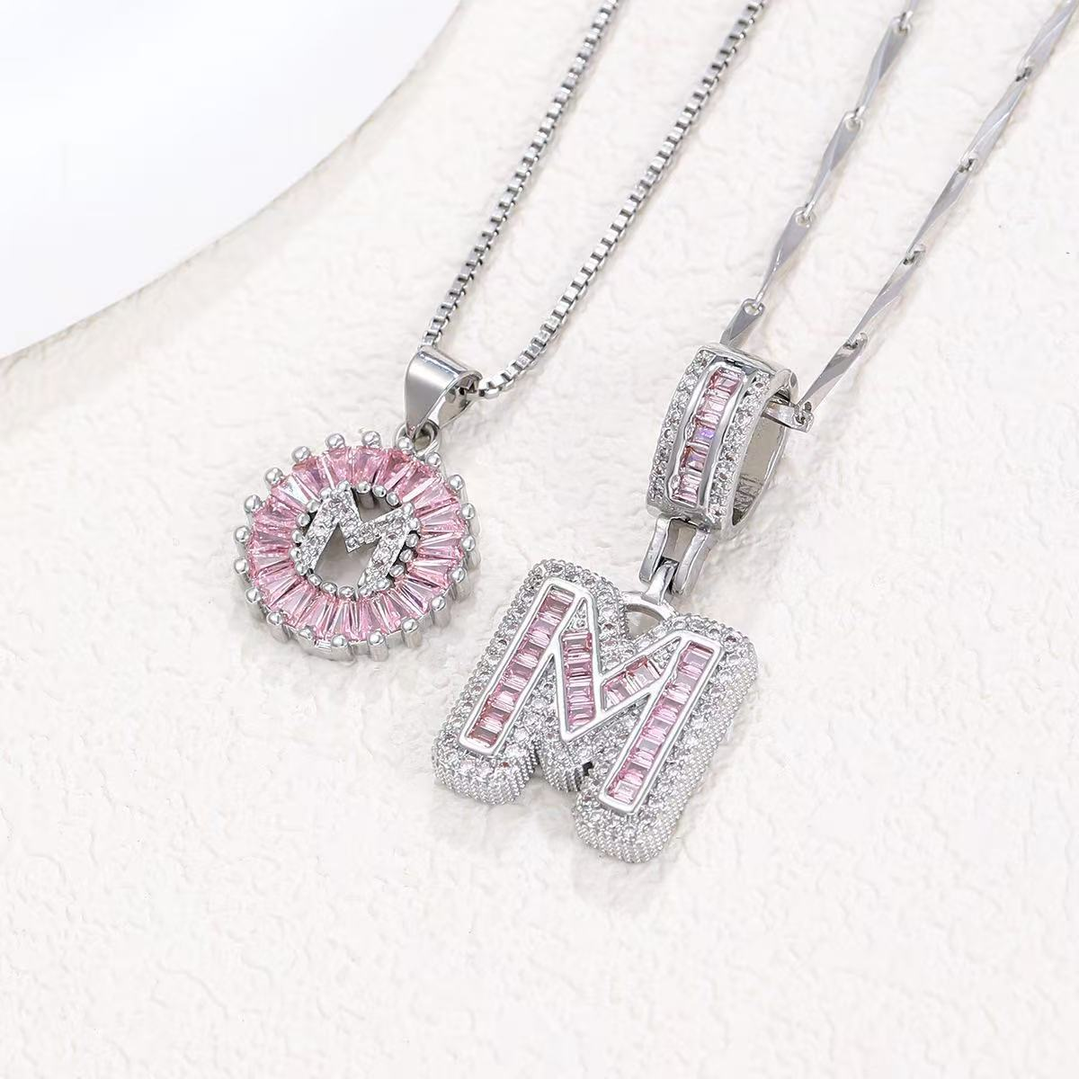2pc 14k Diamond Letter Initial Necklaces (Limited Pink Edition) in silver